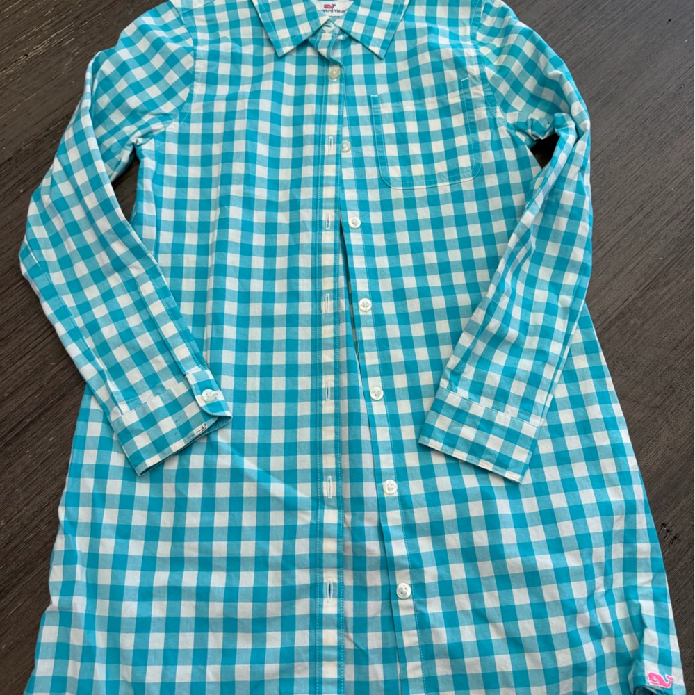 Vineyard Vines Aqua and White Checkered Shirt Dress
